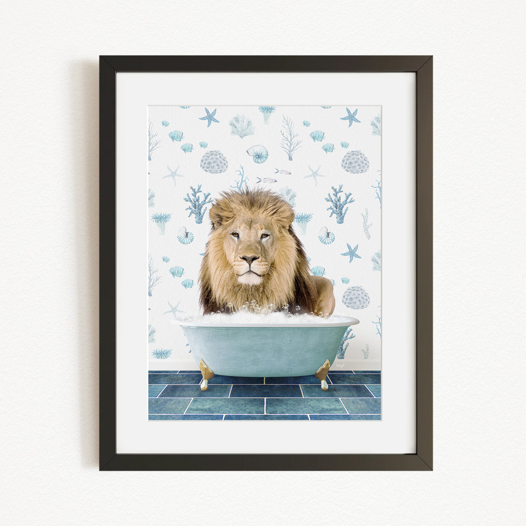A lion is sitting in a bathtub filled with bubbles, surrounded by a blue and white patterned background.