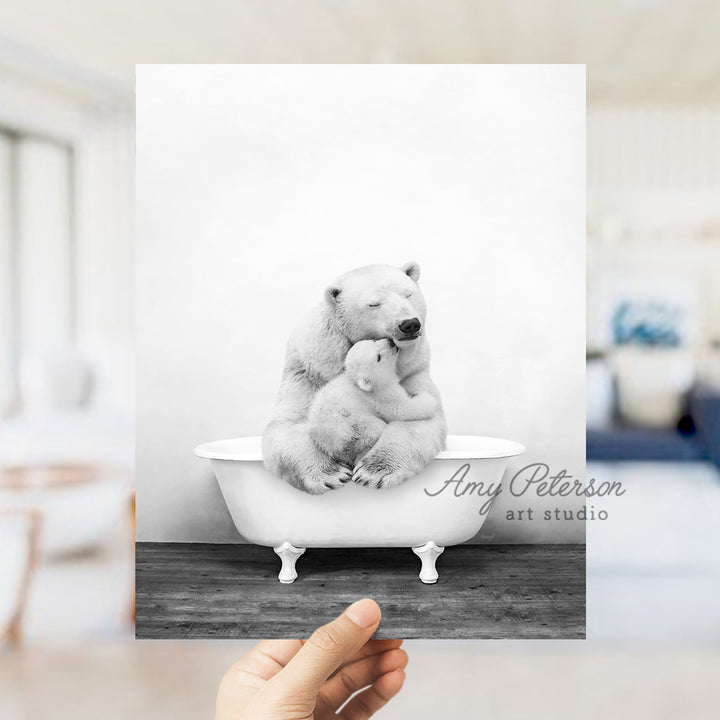 a person holding a polar bear in a bathtub