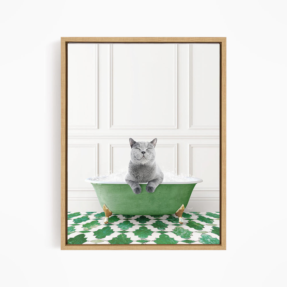 A gray cat sitting in a green bathtub filled with bubbles, with a white wall and green and white patterned floor in the background.