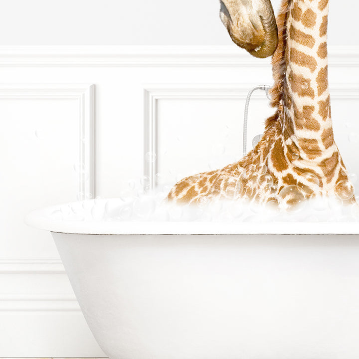 a baby giraffe is in a bathtub with its mother