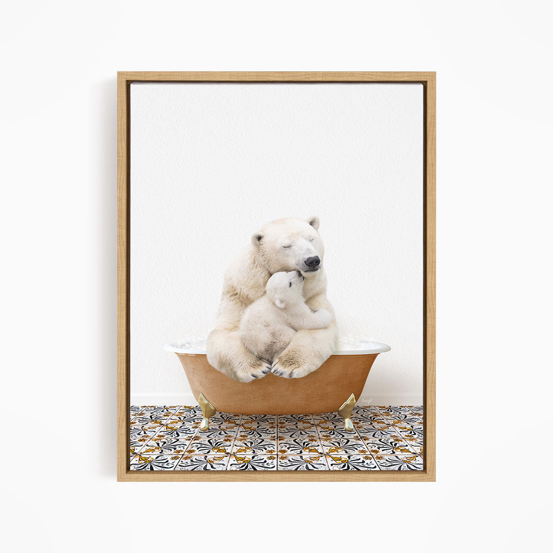 A polar bear sitting in a bathtub, with its head resting on a baby polar bear, creating a heartwarming scene.
