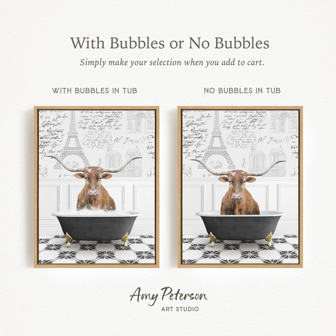 The image is a collage of two framed pictures, each featuring a bull sitting in a tub. The bull in the tub has large horns, and the background of both pictures has a pattern of text and architectural elements, such as the Eiffel Tower. The text in the collage is not described, and the phrase "With Bubbles or No Bubbles" is used to describe the visual effect of bubbles in the tub.
