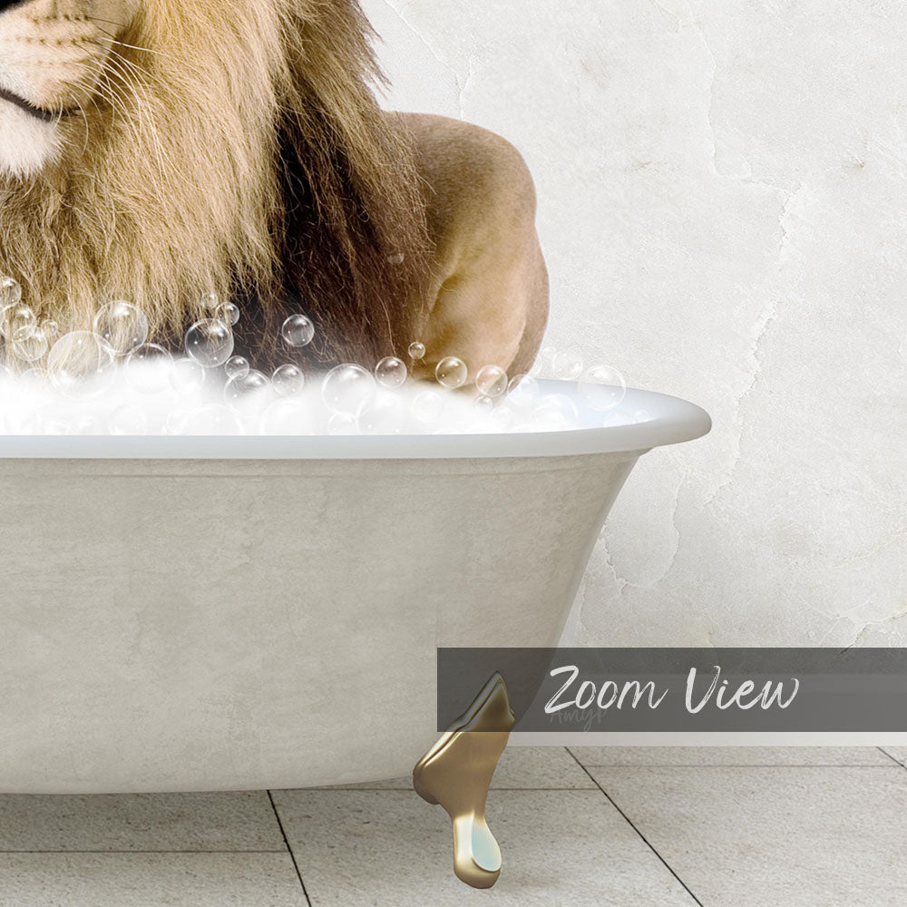 A lion is sitting in a bathtub filled with bubbles, creating a whimsical and playful scene.