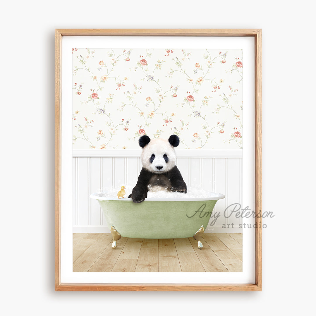 a panda bear sitting in a green bath tub