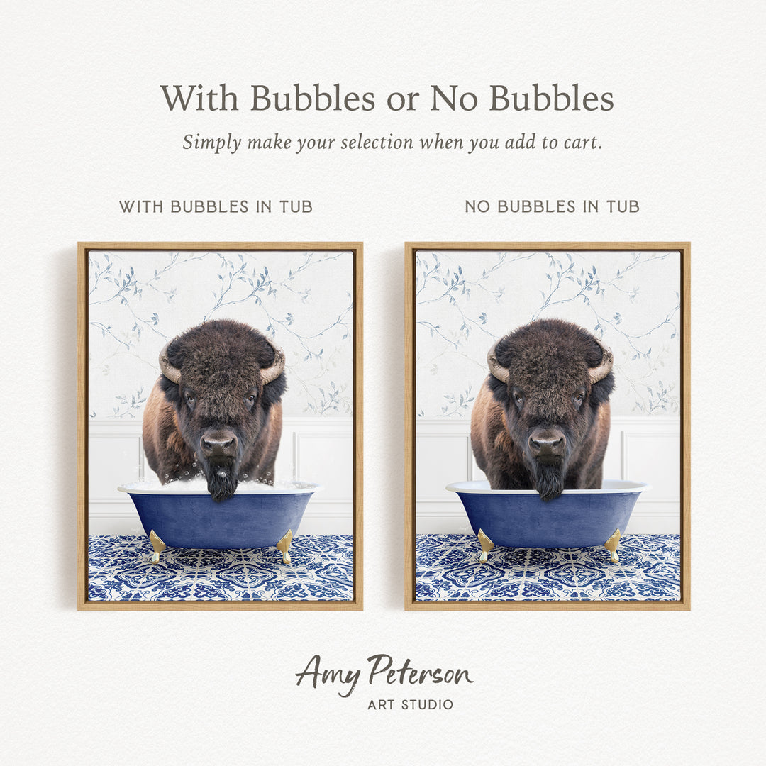 The image is a collage of two framed pictures, each depicting a buffalo in a tub. The buffalo in the tub has bubbles, while the buffalo in the tub does not have bubbles. The text above the images reads "With Bubbles or No Bubbles Simply make your selection when you add to cart."
