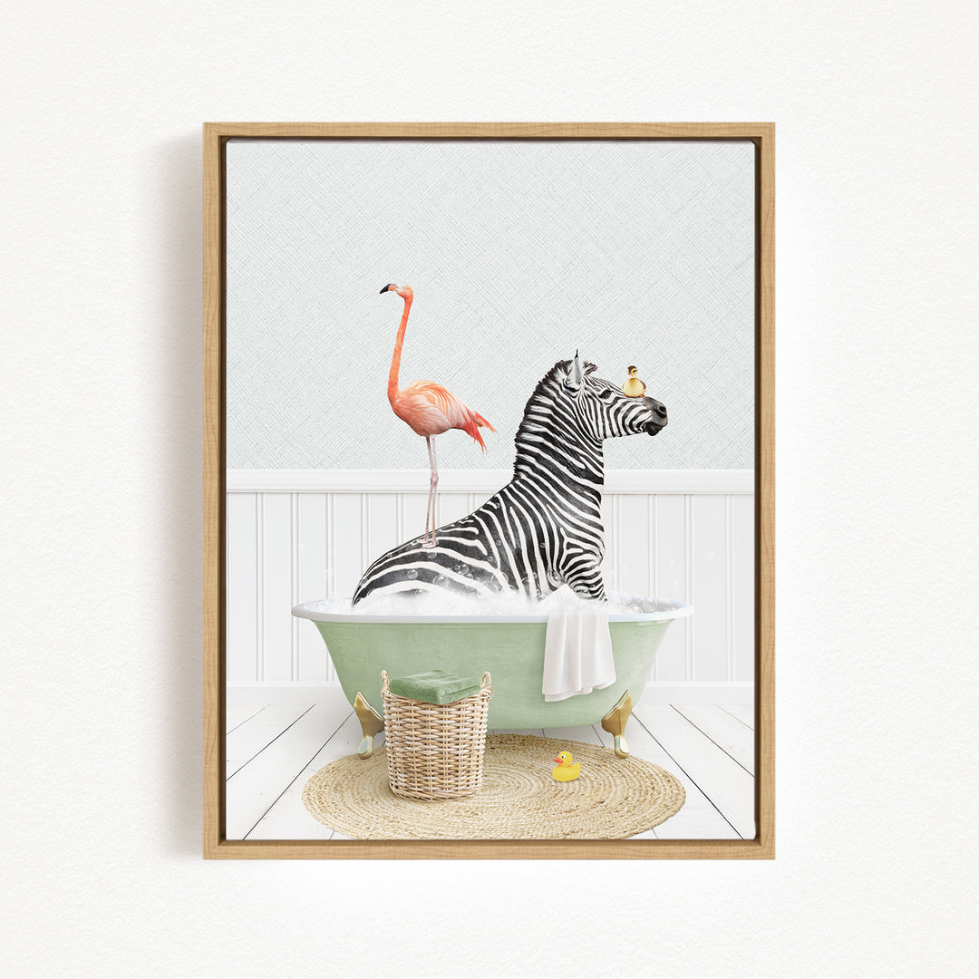 A zebra is sitting in a green bathtub, surrounded by a pink flamingo and a yellow rubber duck, creating a whimsical and playful scene.