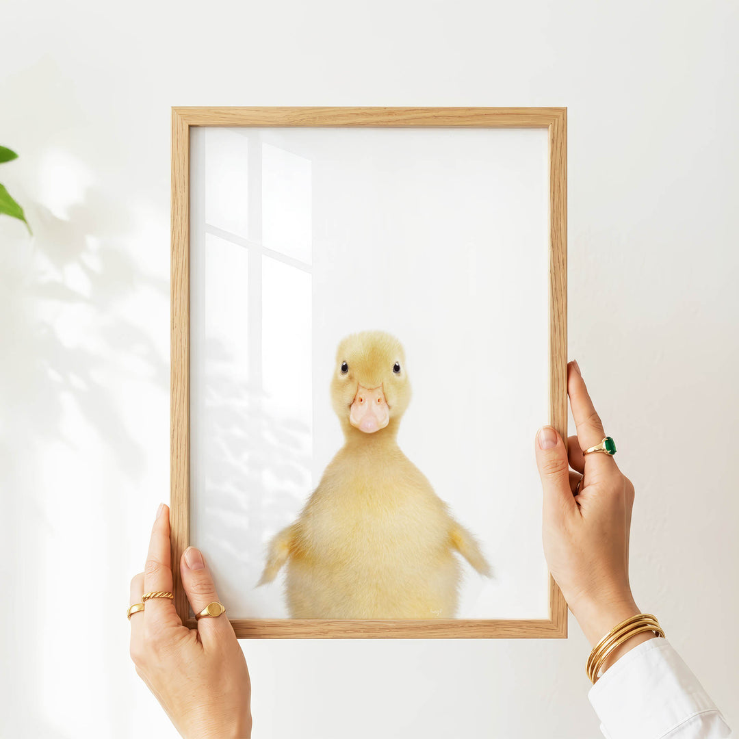 A person's hands are holding a wooden frame with a picture of a cute yellow duck inside it.