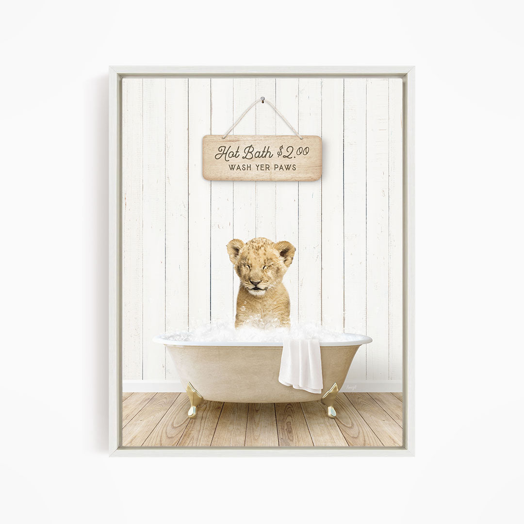 A young lion cub sitting in a bathtub, with a sign above it that reads "Hot Bath $2.00 WASH YOUR Paws".