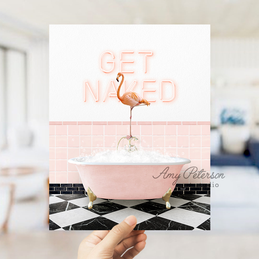 a person holding a card with a flamingo in a bathtub