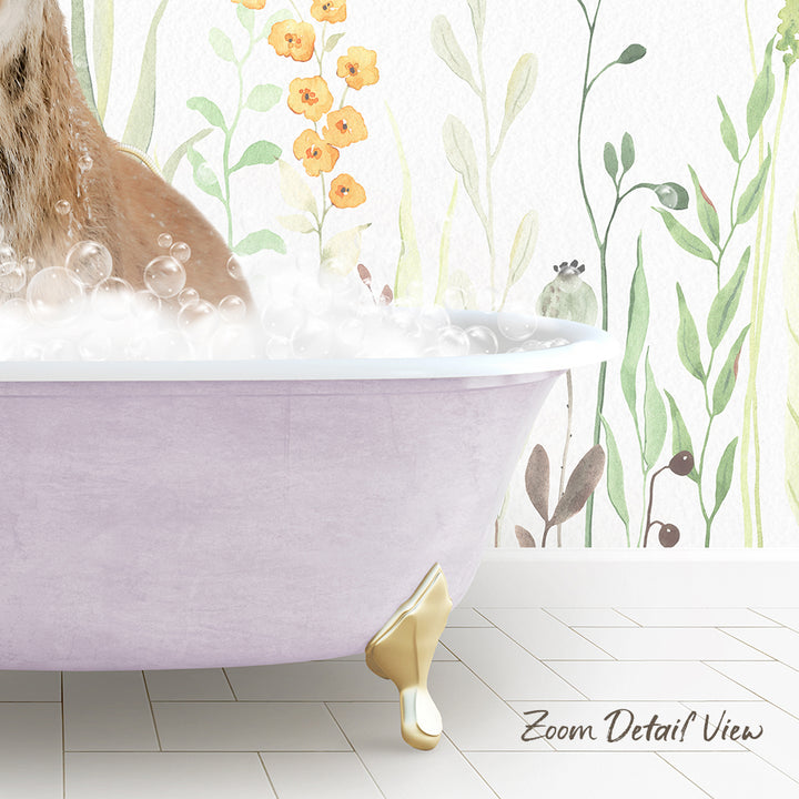 A bathtub filled with bubbles, with a cat sitting inside and surrounded by a floral wallpaper.