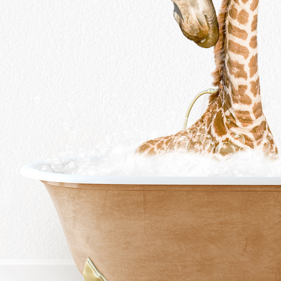 a baby giraffe in a bath tub with bubbles