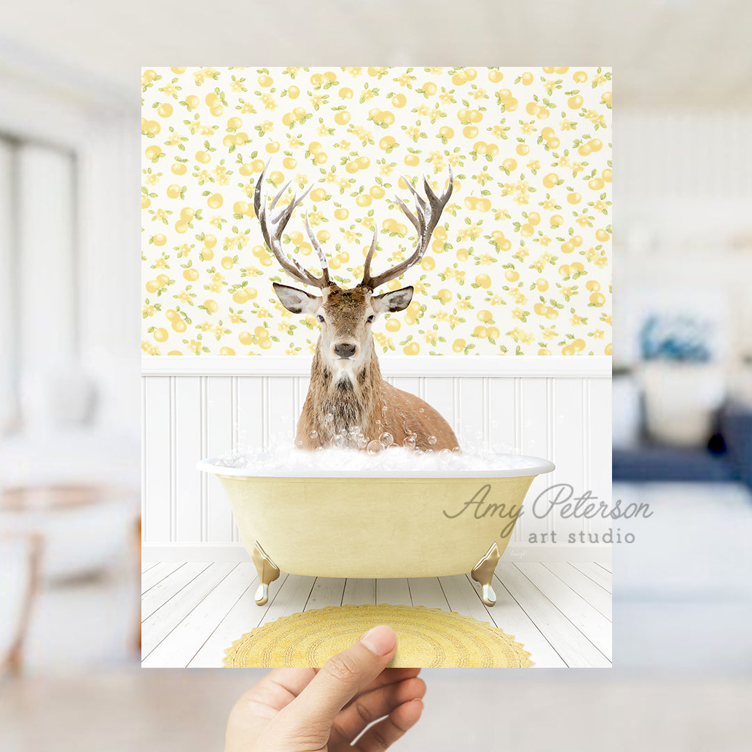 a person holding up a card with a picture of a deer in a bathtub