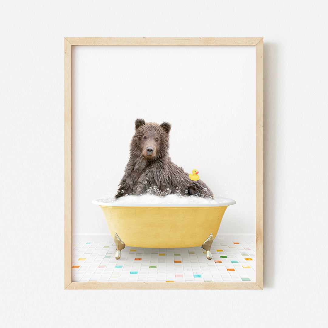 a bear in a bathtub with a rubber duck in it