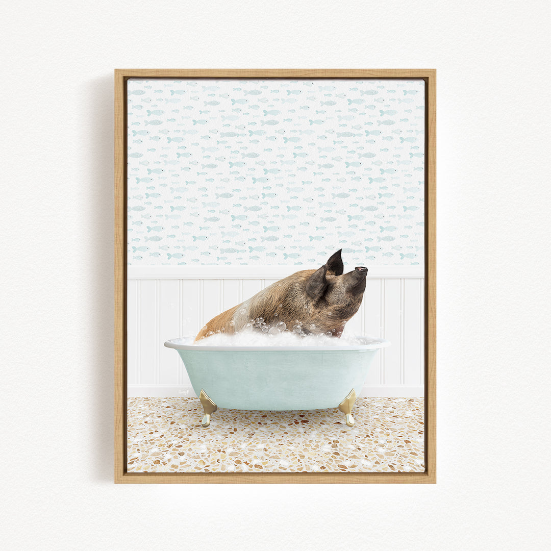 A pig sitting in a bathtub filled with water, surrounded by a patterned wall.