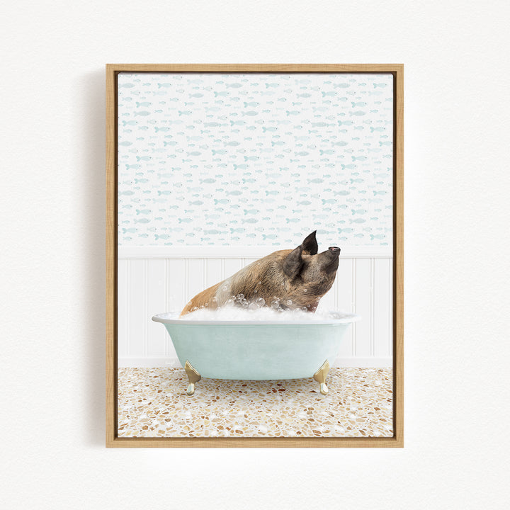 A pig sitting in a bathtub filled with water, surrounded by a patterned wall.