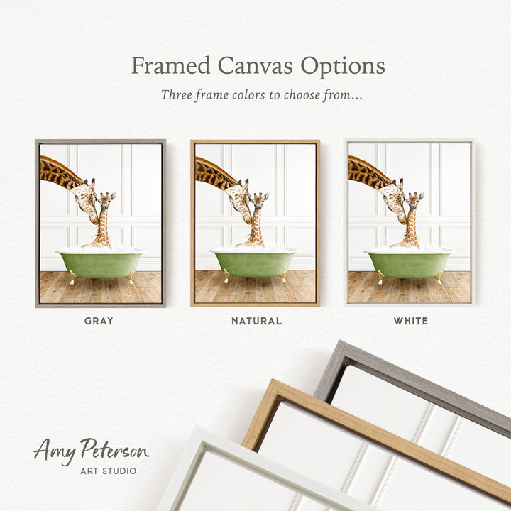 three framed canvas options, each featuring a giraffe in a bathtub. The options include a gray frame, a natural frame, and a white frame. The text above the images reads " Framed Canvas Options" and "Three frame colors to choose from...".