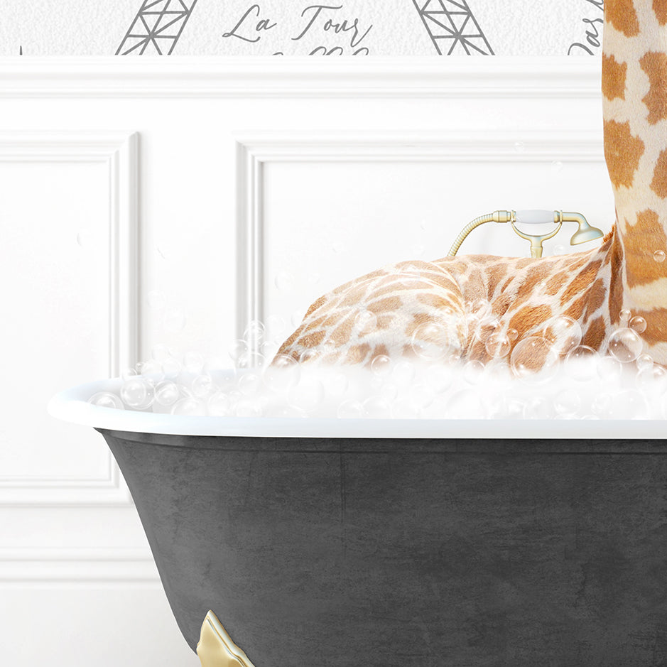 a giraffe laying down in a bathtub