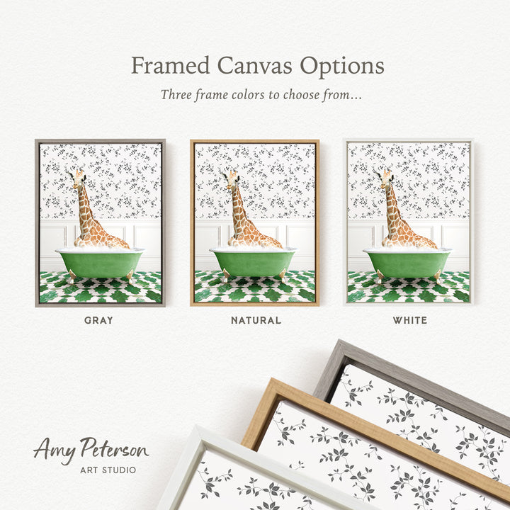 The image is a framed canvas option featuring three different framed pictures of a giraffe in a bathtub, each with a different frame color: gray, natural, and white.