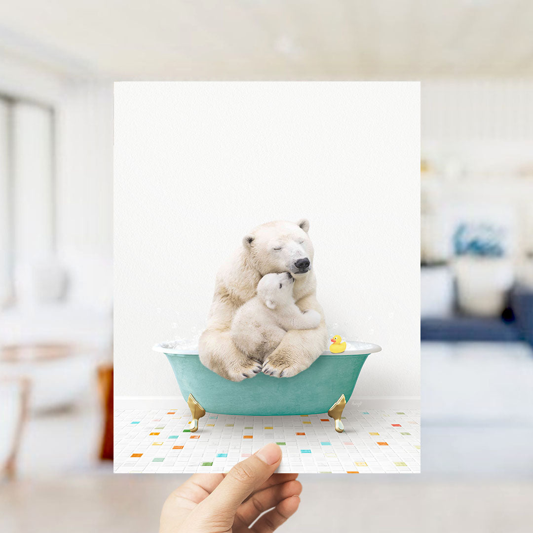 A polar bear and its cub are sitting in a bathtub filled with water and bubbles, with a yellow rubber duck floating nearby.