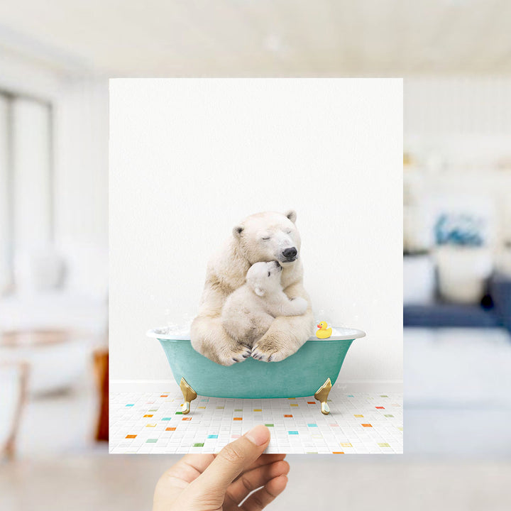 A polar bear and its cub are sitting in a bathtub filled with water and bubbles, with a yellow rubber duck floating nearby.
