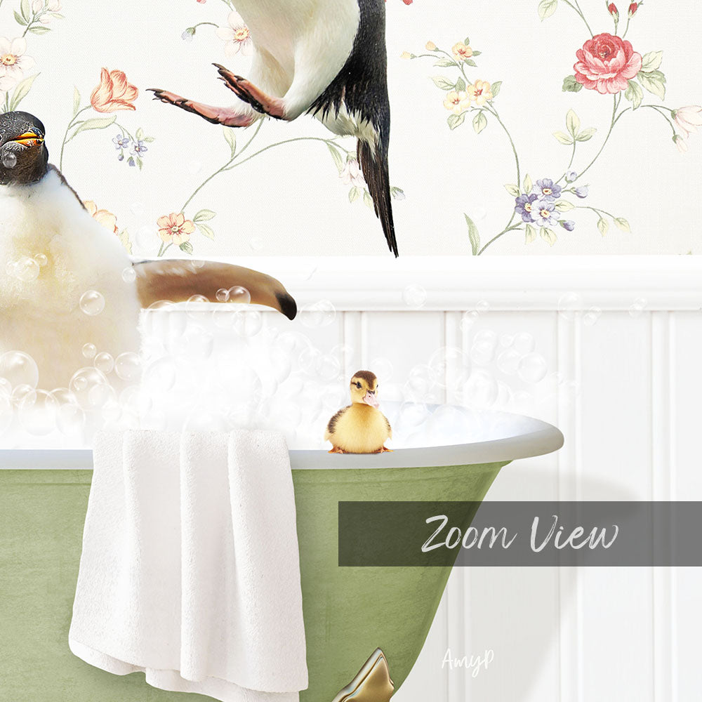 A baby duck sitting in a bathtub filled with bubbles, surrounded by a penguin and a rose, with a floral wallpaper in the background.