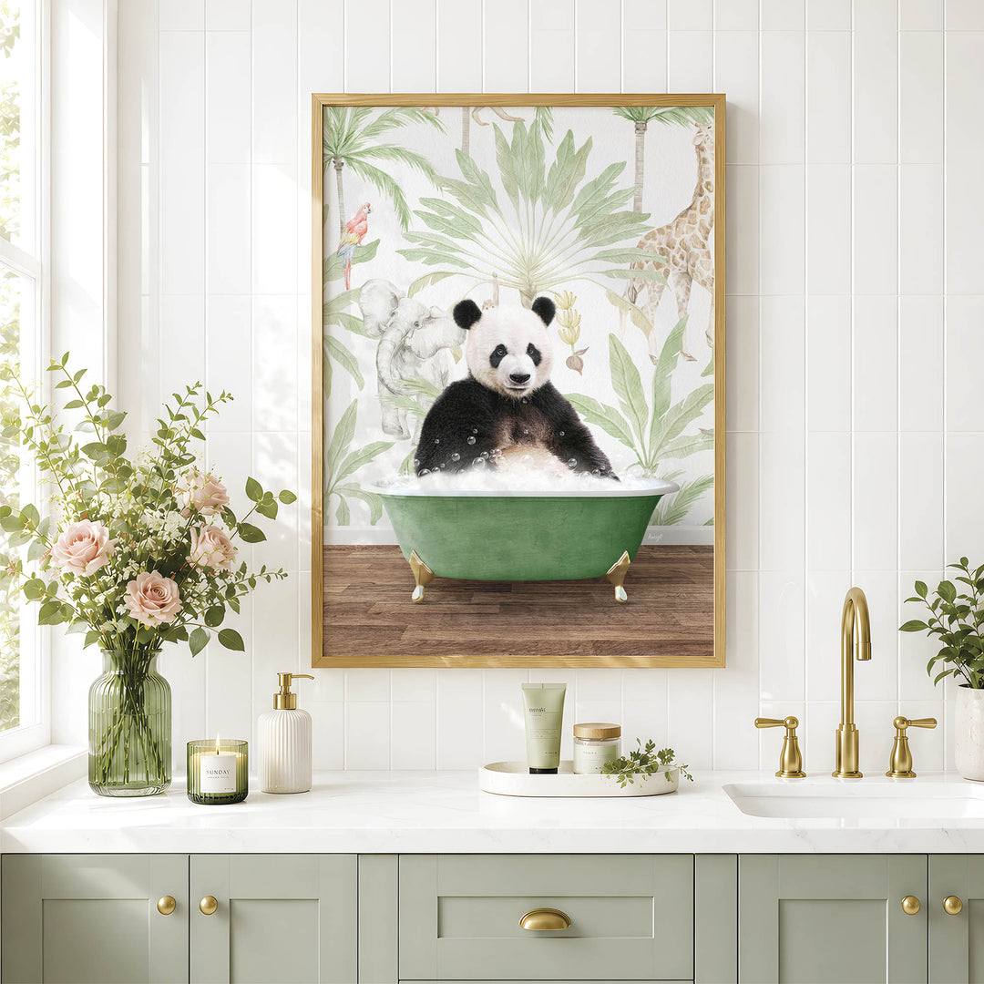 A framed image of a panda sitting in a green bathtub, surrounded by a tropical jungle scene, is displayed on a wall above a bathroom counter with various toiletries and decor.
