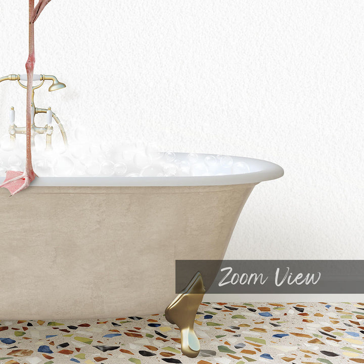 A white bathtub filled with water, with a gold faucet and a pink flower hanging from the side. The image is a close-up of the bathtub and the faucet, with a text overlay that reads "Zoom View".