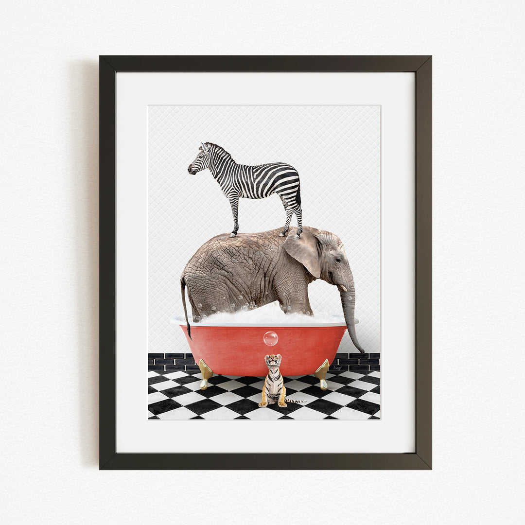 A zebra stands on top of an elephant in a bathtub, with a small tiger sitting in front of the elephant.