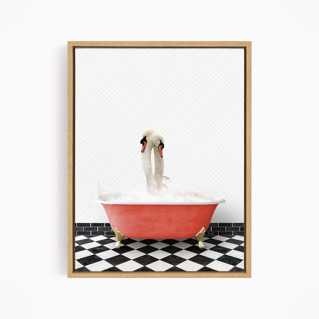 A pair of swans sitting in a red bathtub filled with bubbles, with a black and white checkered floor in the background.