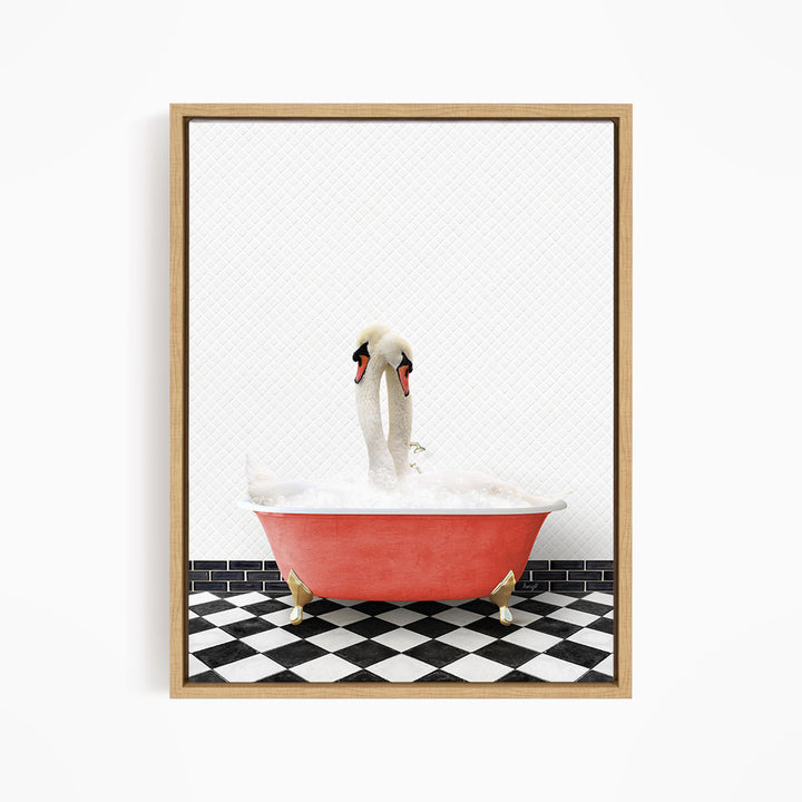 A pair of swans sitting in a red bathtub filled with bubbles, with a black and white checkered floor in the background.