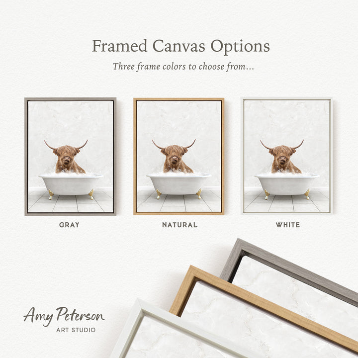 three framed canvas options, each featuring a brown cow sitting in a bathtub. The options include a gray, a natural, and a white frame.