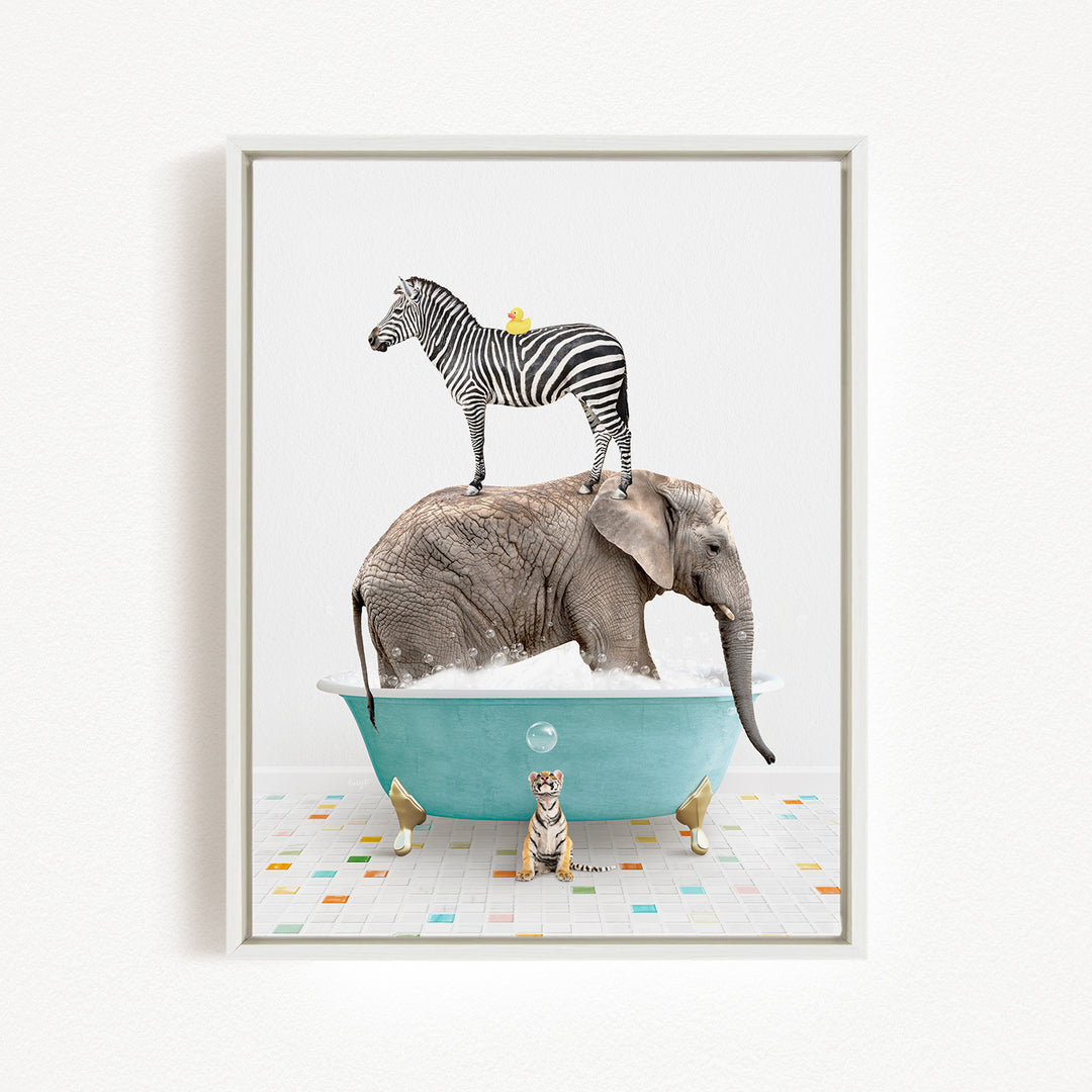A zebra stands on the back of an elephant, which is submerged in a bathtub, with a tiger sitting nearby.