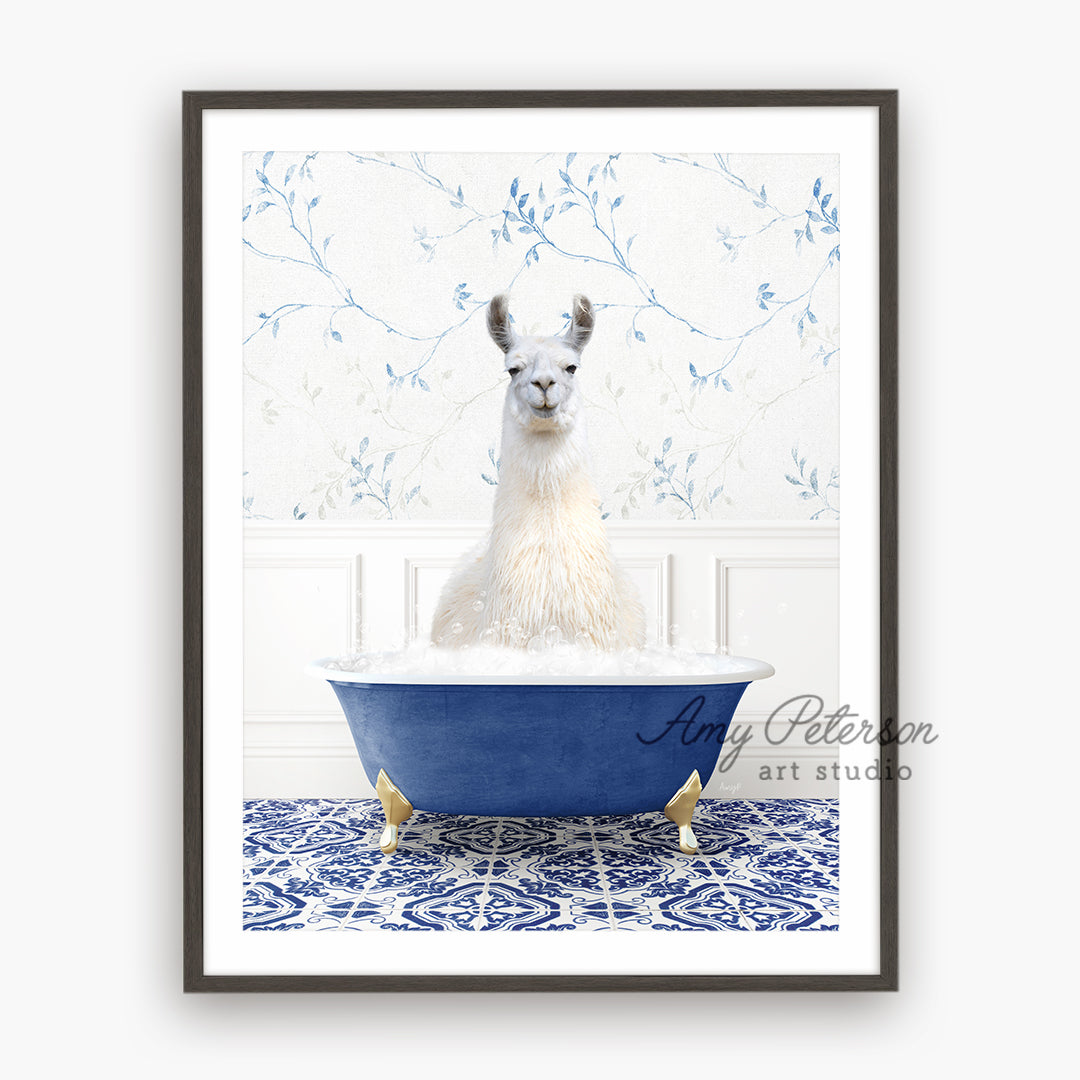 a llama in a bathtub with a blue background