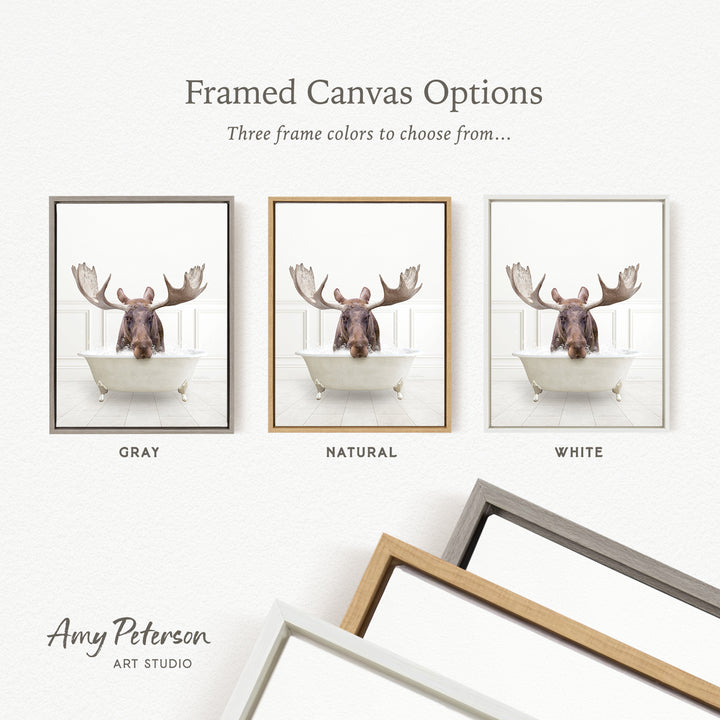 three framed canvas options, each featuring a moose in a bathtub. The options include a gray frame, a natural frame, and a white frame.