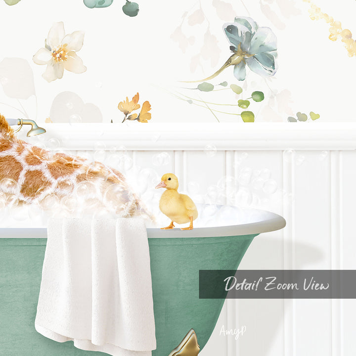 A giraffe is standing in a bathtub filled with bubbles, with a small yellow duck sitting on the edge of the tub.