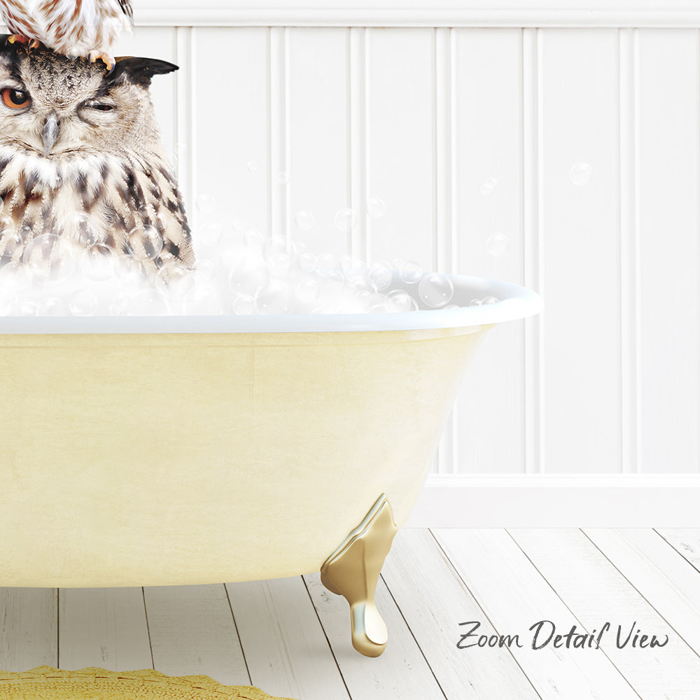 A large owl sitting in a bathtub filled with bubbles, with a white wall and wooden floor in the background.