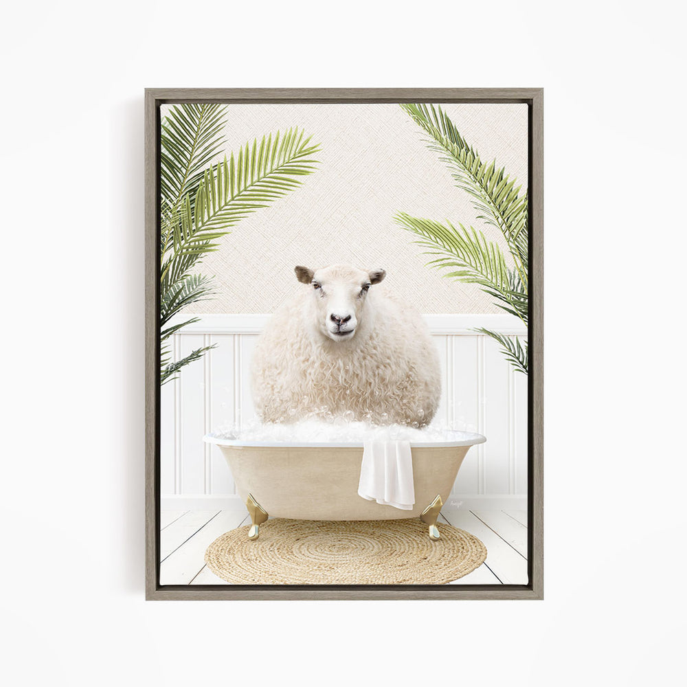 A fluffy white sheep sits in a white bathtub, surrounded by green palm leaves, creating a whimsical and relaxing scene.