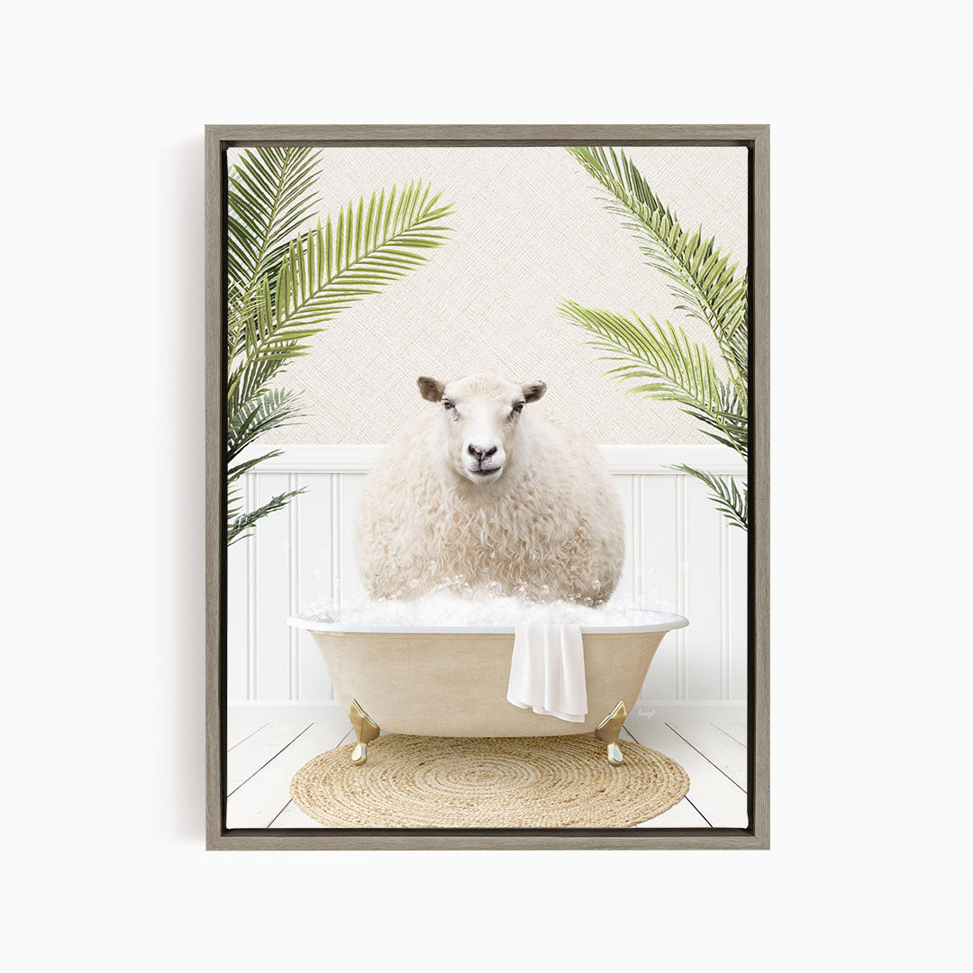 A fluffy white sheep sits in a white bathtub, surrounded by green palm leaves, creating a whimsical and relaxing scene.
