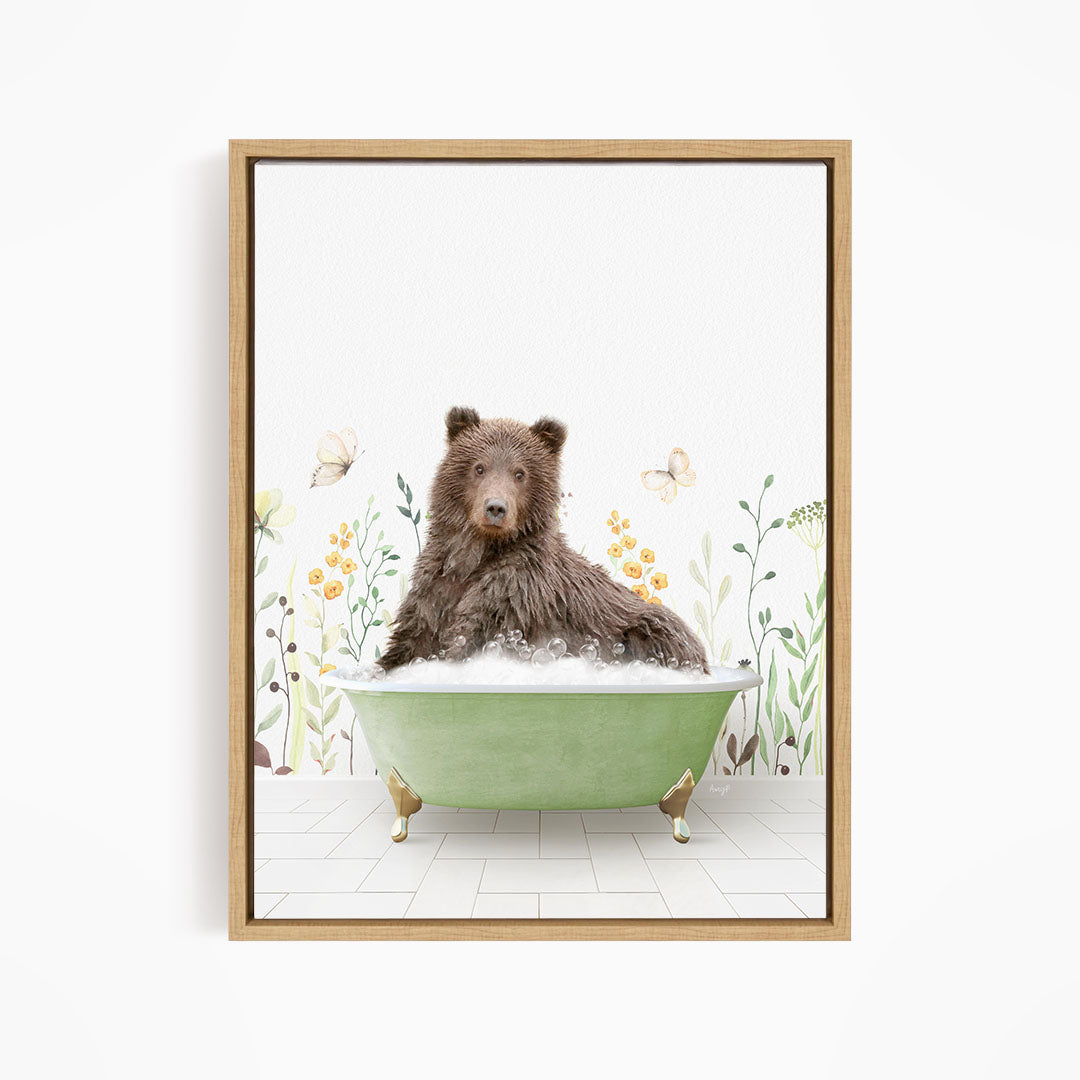 A brown bear sitting in a green bathtub filled with bubbles, surrounded by flowers and butterflies.