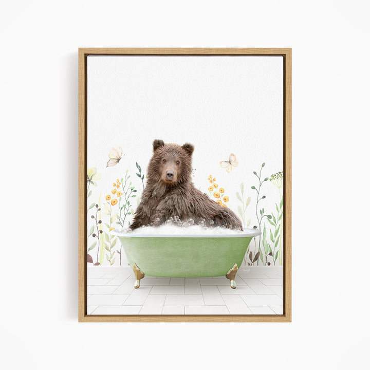 A brown bear sitting in a green bathtub filled with bubbles, surrounded by flowers and butterflies.