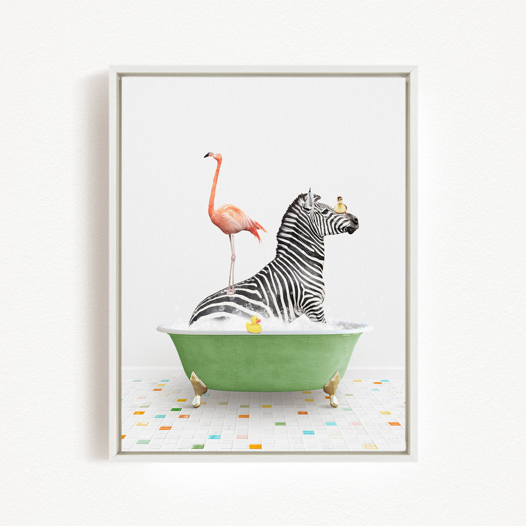 A zebra is sitting in a green bathtub, surrounded by a pink flamingo and a yellow duck, creating a whimsical and playful scene.
