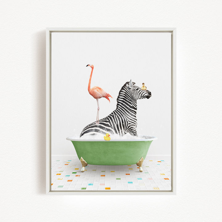 A zebra is sitting in a green bathtub, surrounded by a pink flamingo and a yellow duck, creating a whimsical and playful scene.