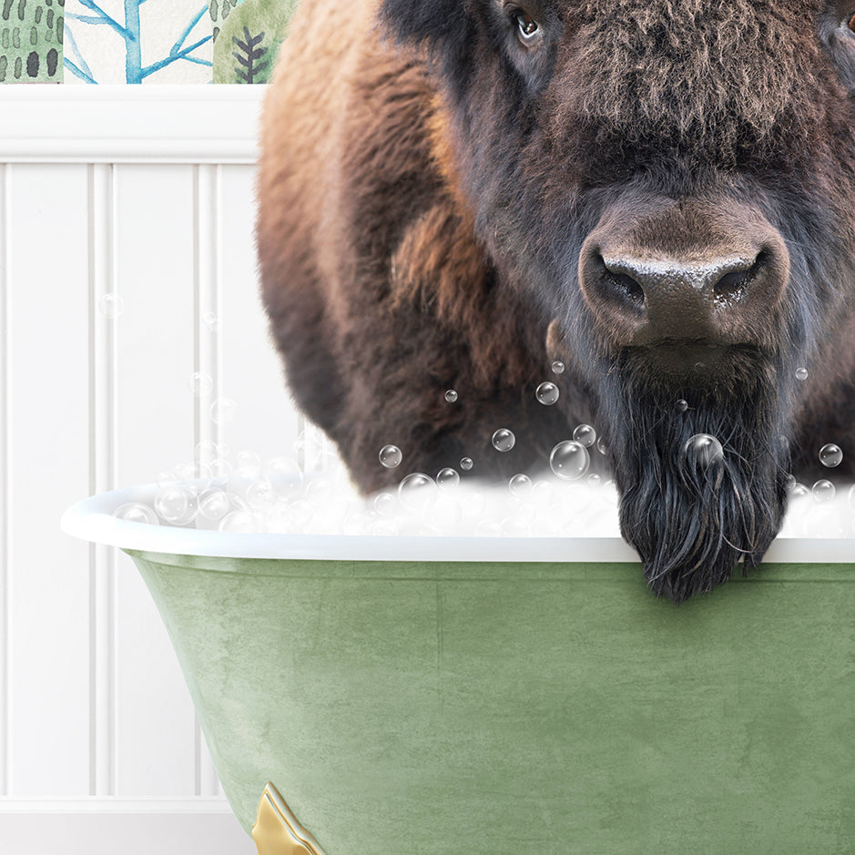 a large buffalo standing in a bath tub