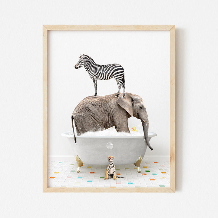 a zebra standing on top of an elephant in a bathtub