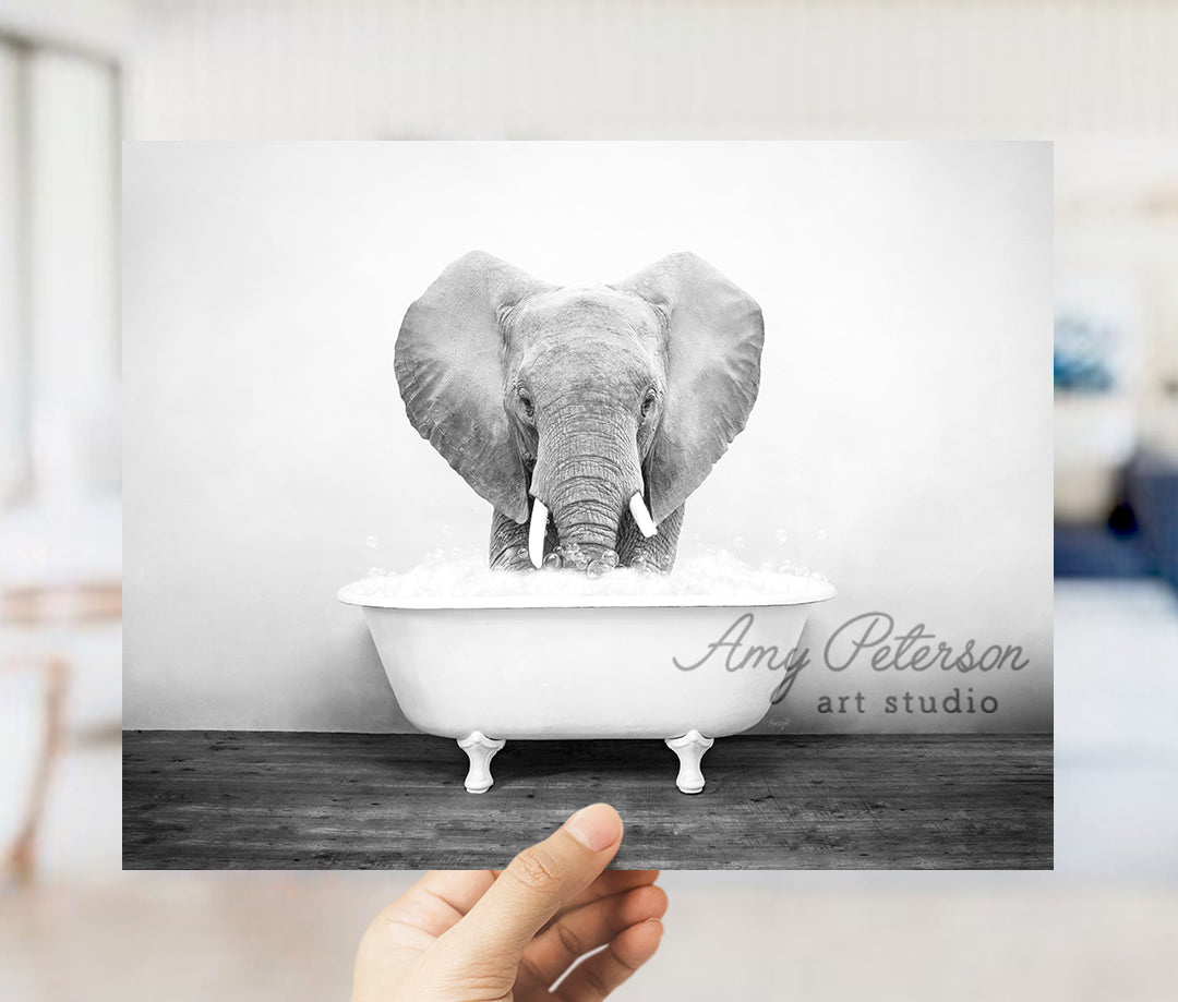 a hand holding up a black and white photo of an elephant in a bathtub