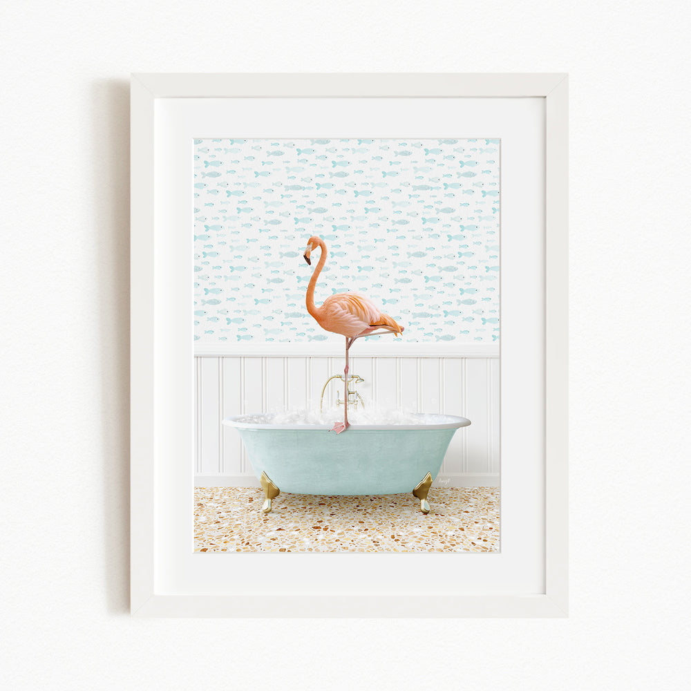 A pink flamingo standing on the edge of a light blue bathtub filled with water, with a patterned wall behind it.