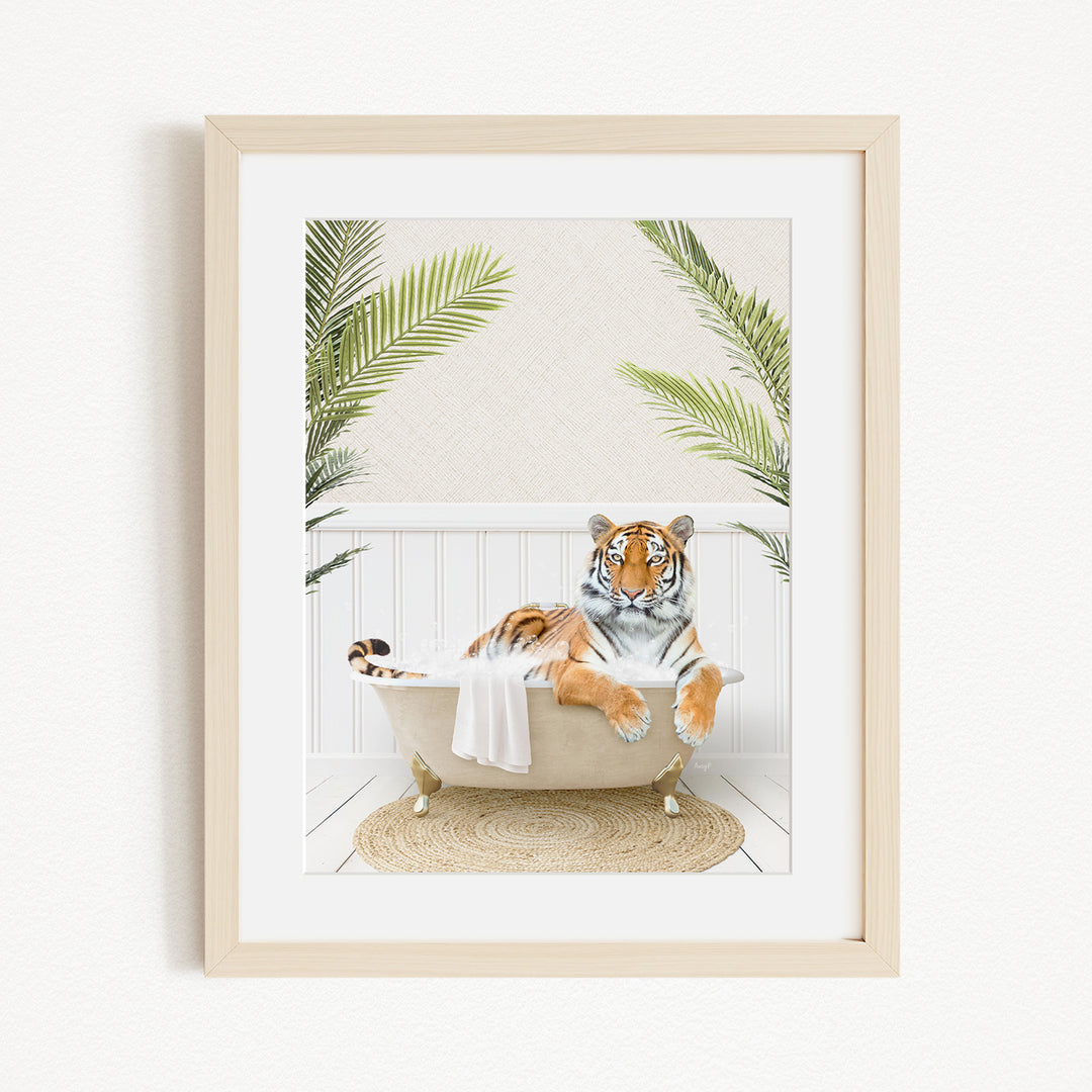 A tiger is sitting in a bathtub filled with water, surrounded by palm leaves, creating a whimsical and playful scene.