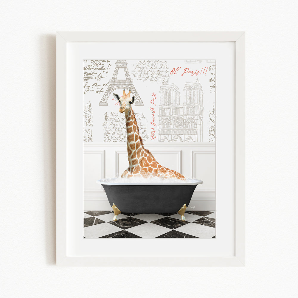 A giraffe sitting in a bathtub filled with water, surrounded by a checkered floor and a wall with a drawing of the Eiffel Tower.