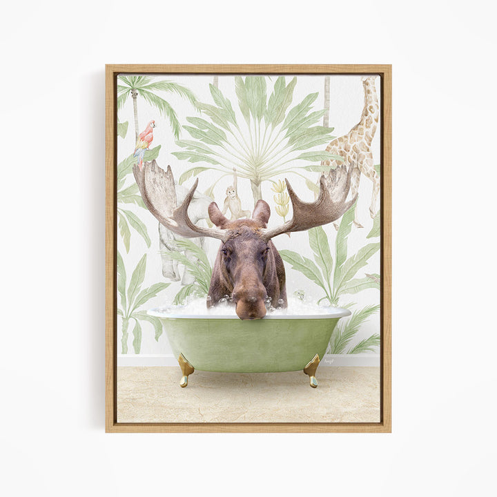A moose is sitting in a green bathtub, surrounded by tropical plants and animals, including a giraffe and a parrot.