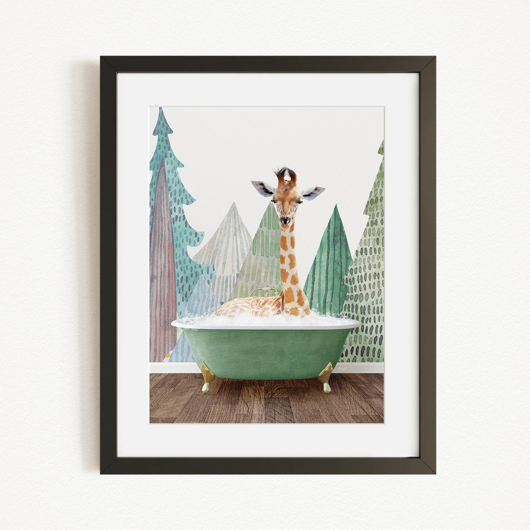 A giraffe is sitting in a green bathtub, surrounded by a forest-themed background with trees and a snowy landscape.